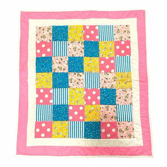 Handmade Baby Quilt Peter Rabbit Patchwork Blanket Bunnies Star Polka Dots 30x35 - Picture 1 of 9